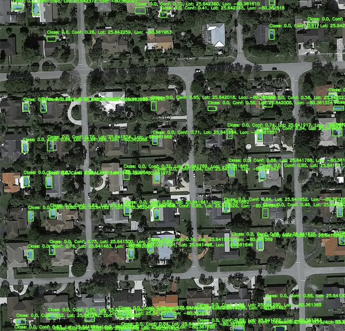 AI pool detection showing identified pools in a neighborhood
