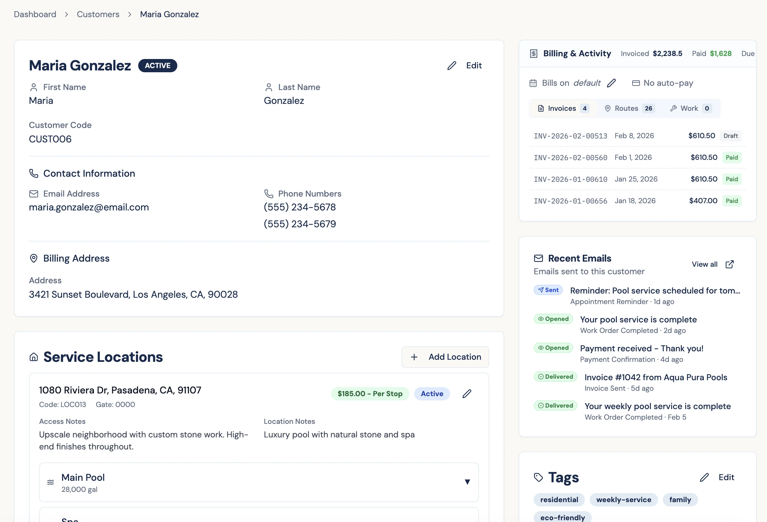 Pool Runs customer management dashboard showing customer profile with contact info, billing activity, and service locations