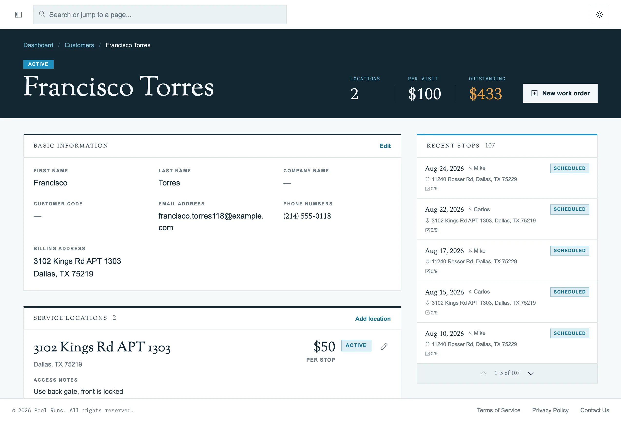 Pool Runs customer management dashboard showing customer profile with contact info, billing activity, and service locations