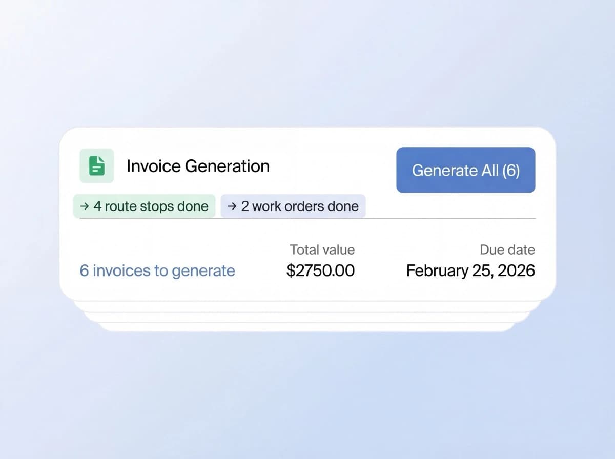 Pool Runs batch invoice generation showing 6 invoices ready to generate from completed route stops and work orders