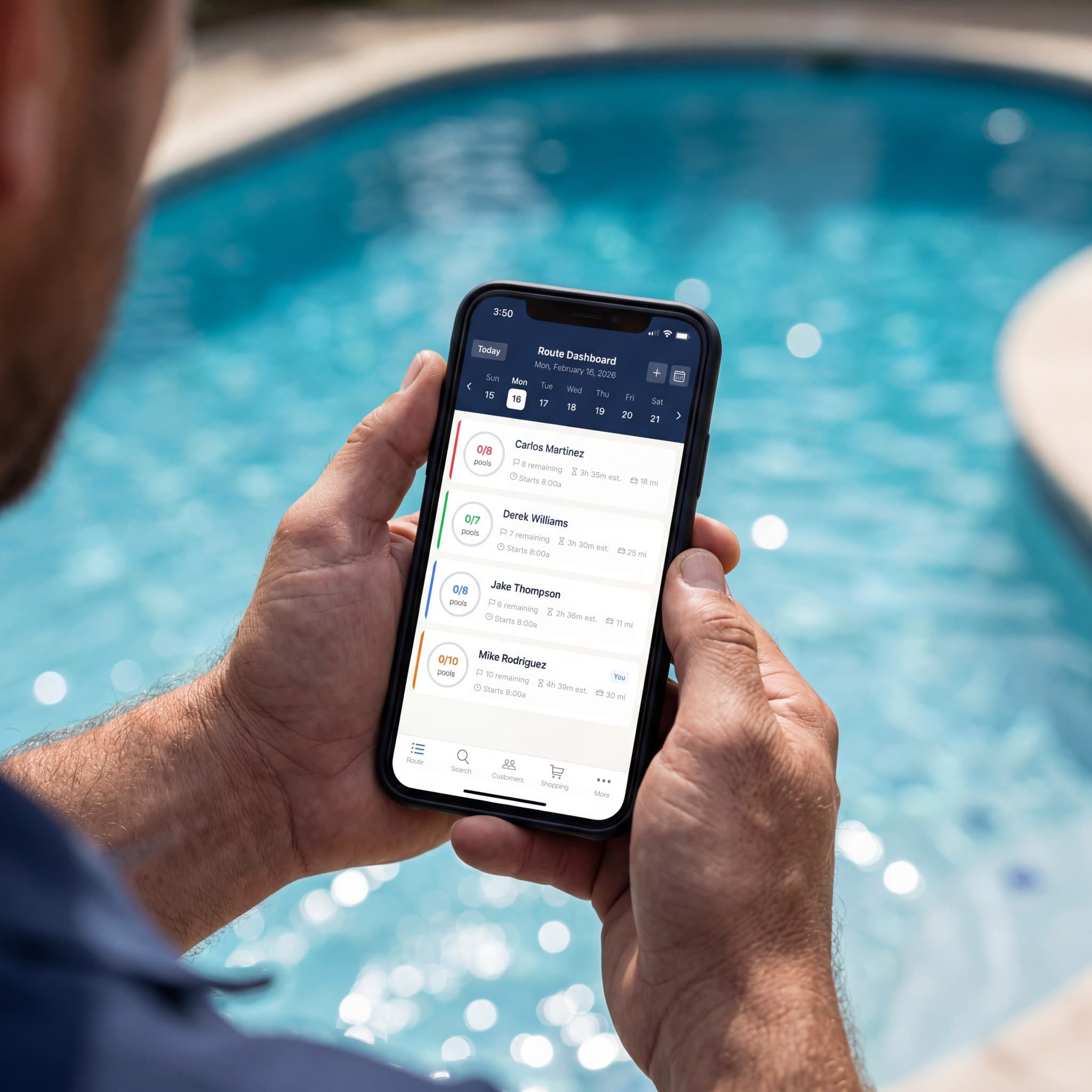 Pool technician using Pool Runs mobile app by the pool