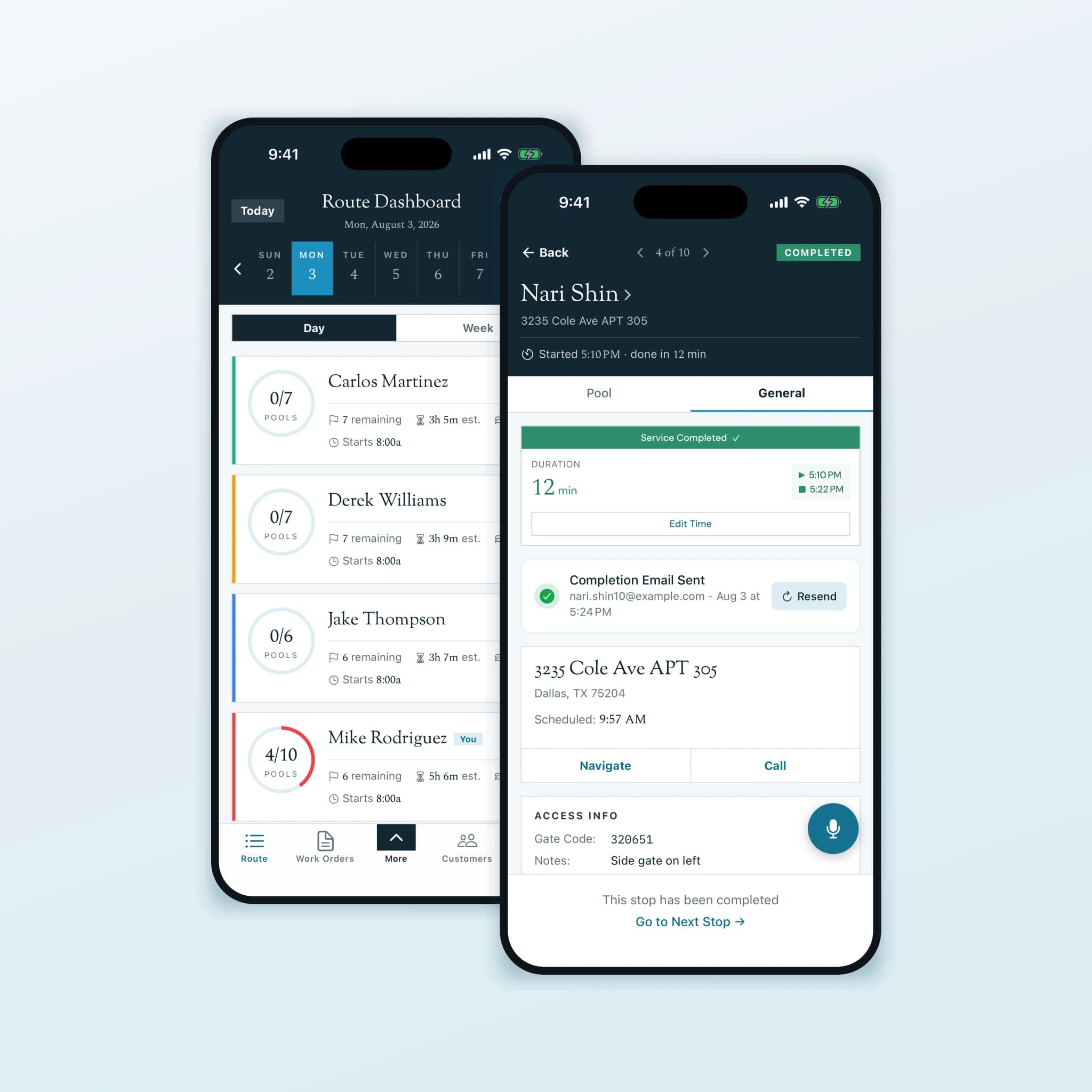 Pool technician using Pool Runs mobile app by the pool