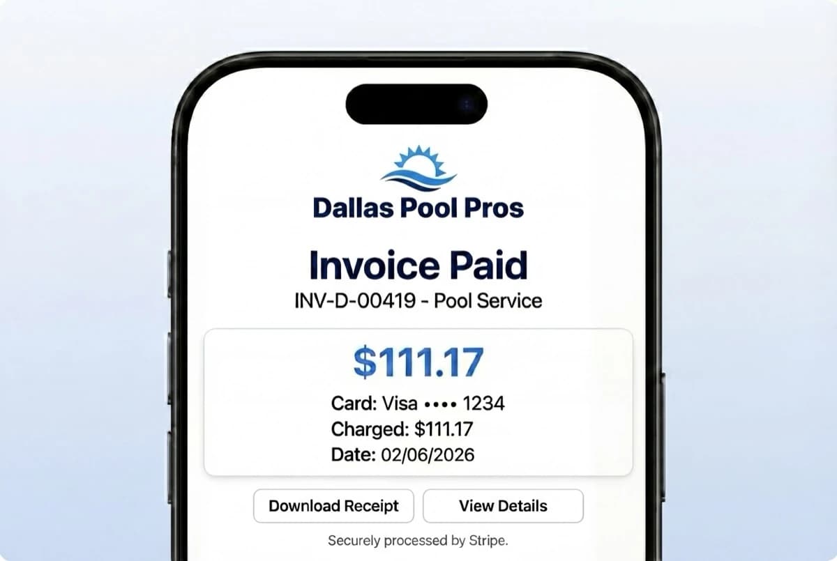 Mobile invoice payment confirmation showing a paid pool service invoice processed securely through Stripe