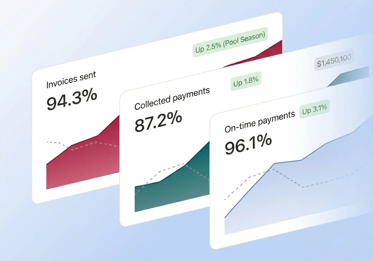 Pool Runs invoicing metrics dashboard showing invoices sent, collected payments, and on-time payment rates