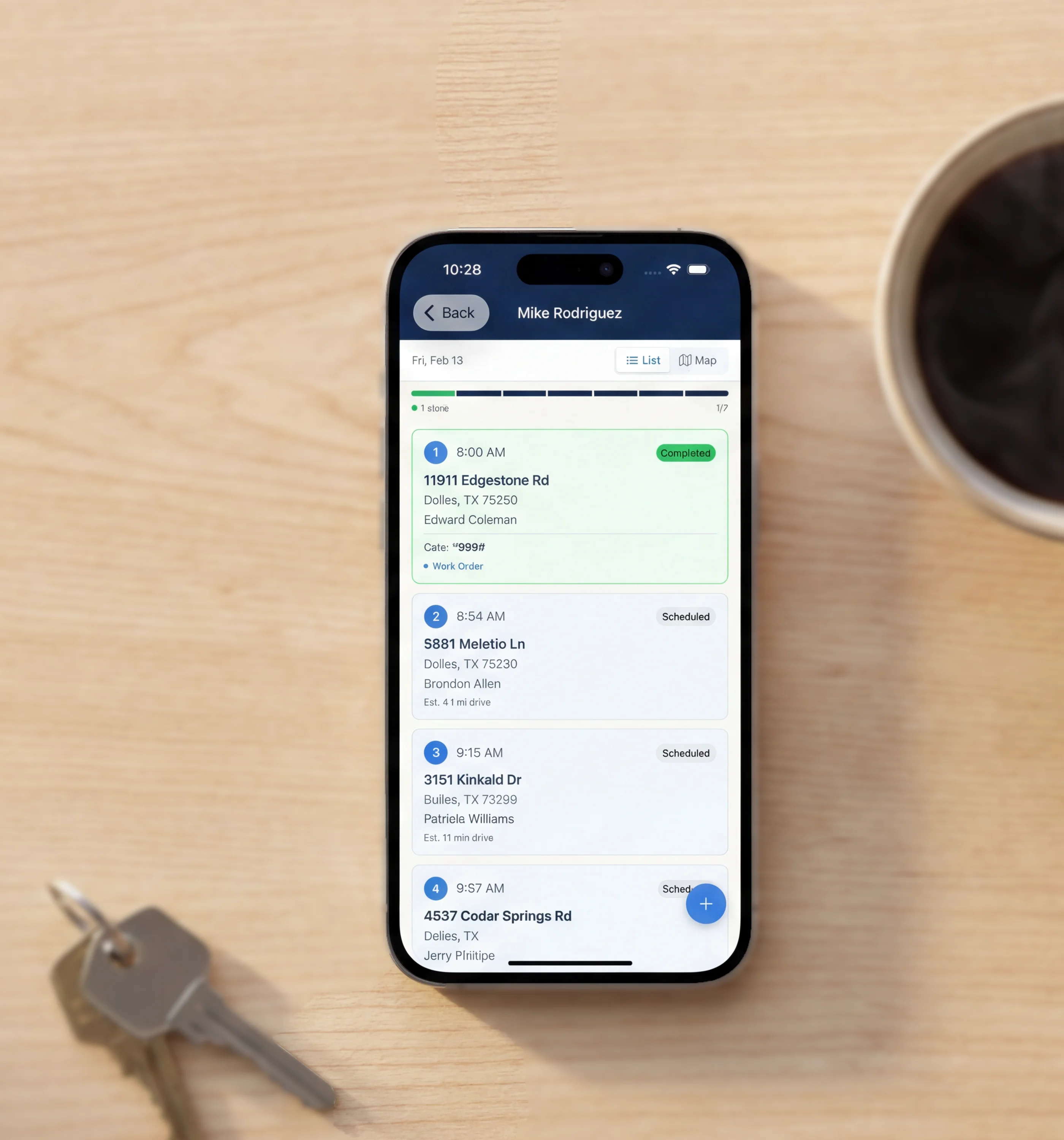 Pool Runs mobile app showing a technician's optimized route list with stop addresses, estimated drive times, and completion status