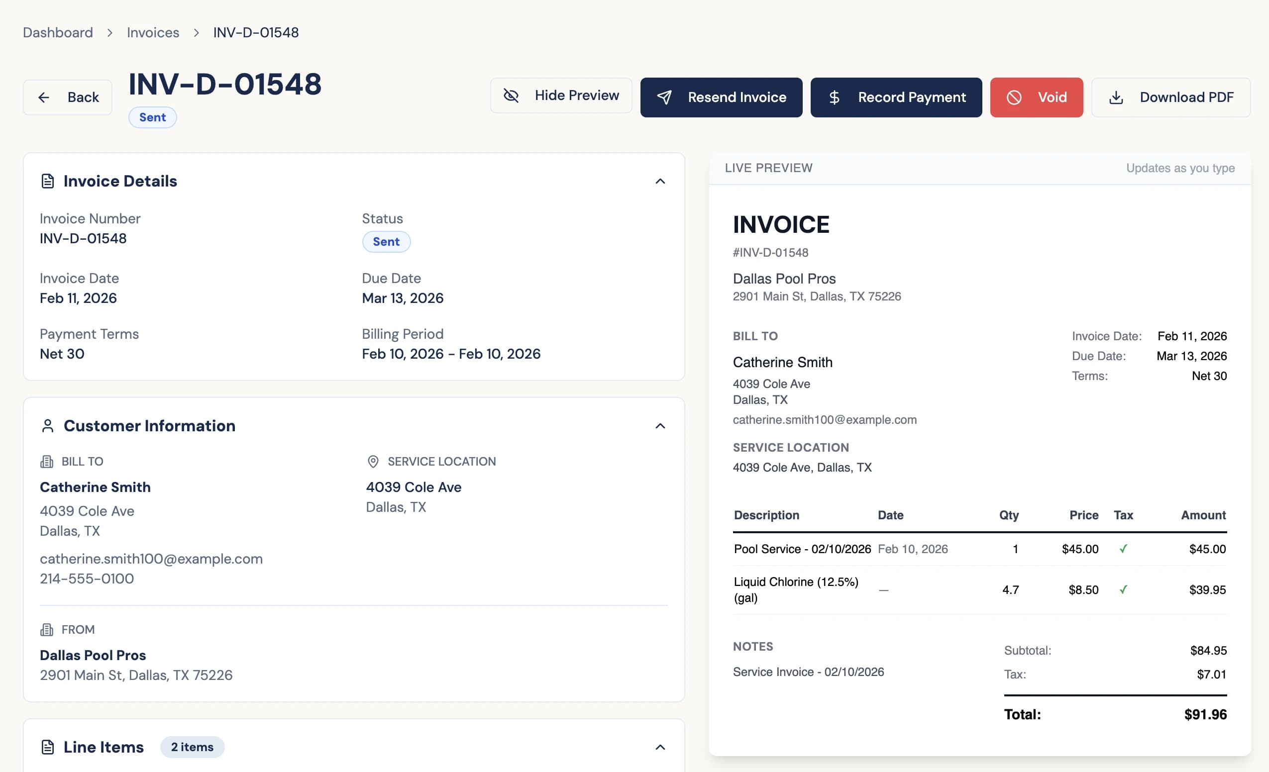 Pool Runs invoicing dashboard showing invoice details and live preview