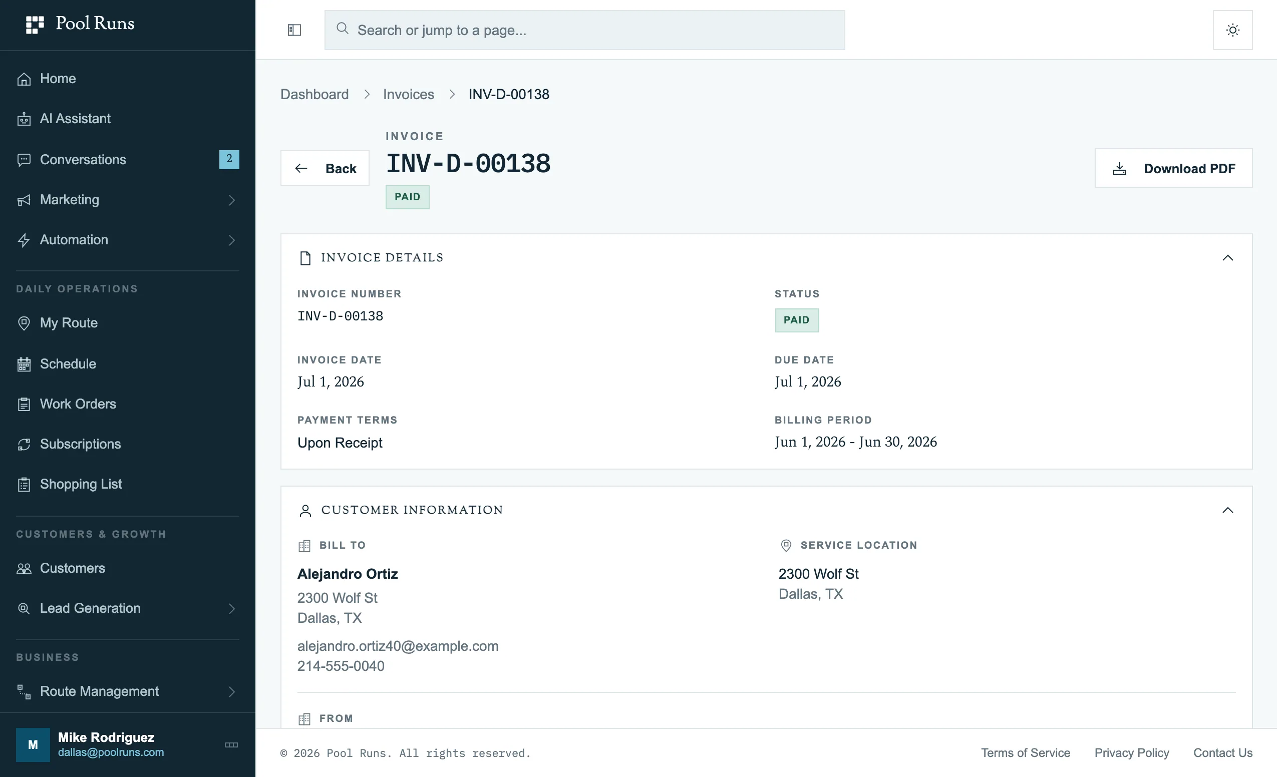 Pool Runs invoicing dashboard showing invoice details and live preview