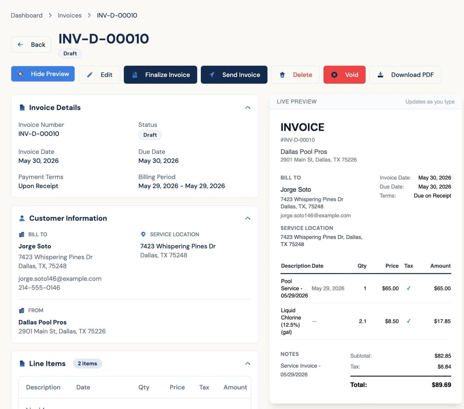 Pool Runs invoice detail with a live formatted invoice preview shown side by side