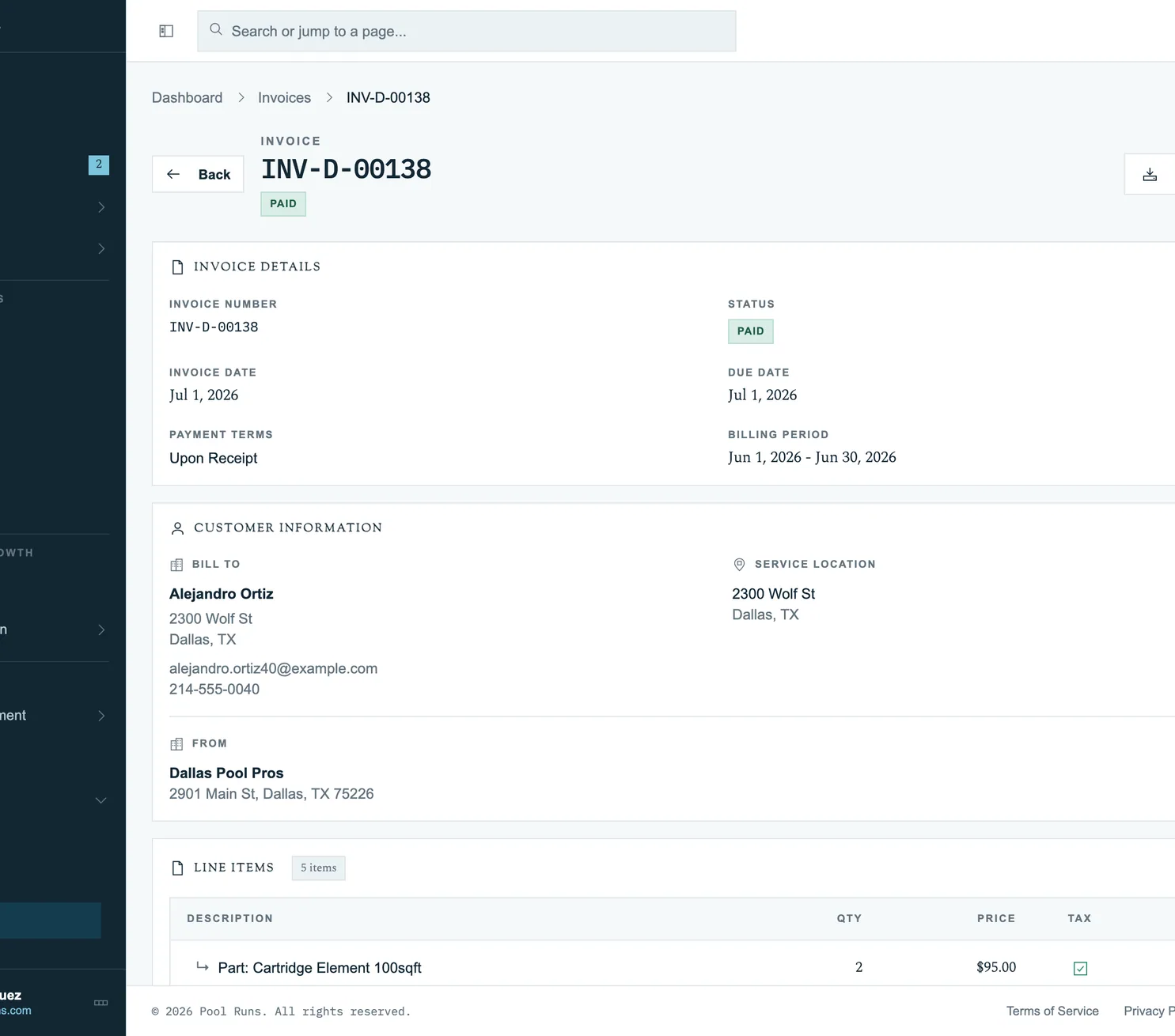 Pool Runs invoice detail with a live formatted invoice preview shown side by side