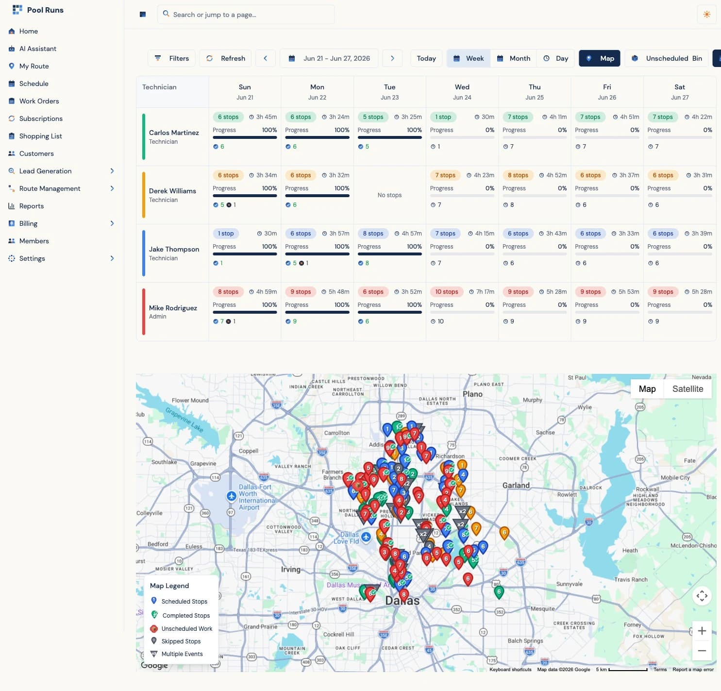Pool Runs scheduling dashboard with week view, technician rows, and map of stops