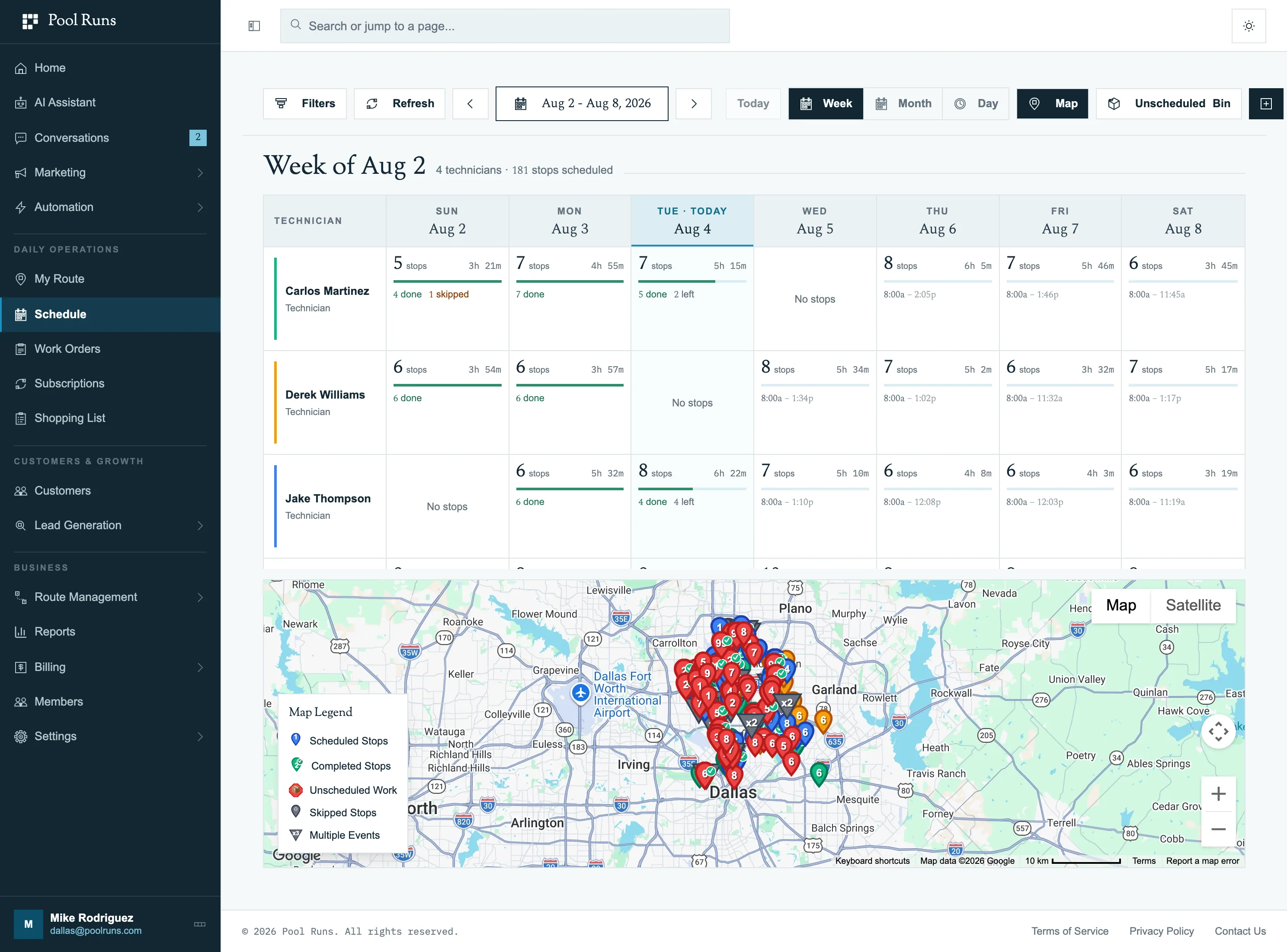 Pool Runs scheduling dashboard showing weekly calendar with technician routes and map view