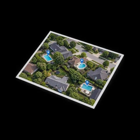Aerial photo of a neighbourhood with three backyard pools marked by pins