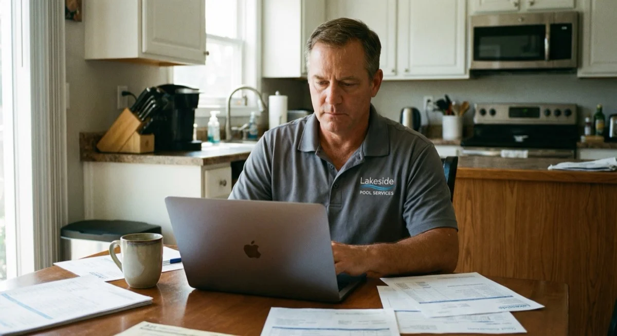 Pool service business owner managing invoices on laptop with Pool Runs software