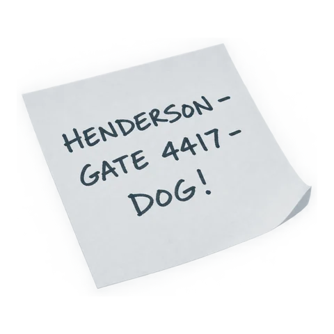 Sticky note reading Henderson, gate 4417, dog