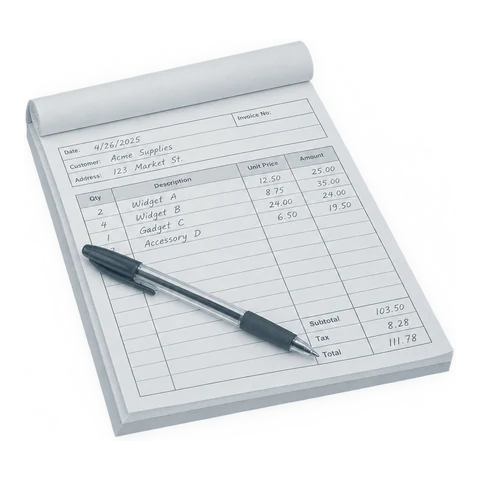 Carbon-copy invoice pad, half filled in by hand