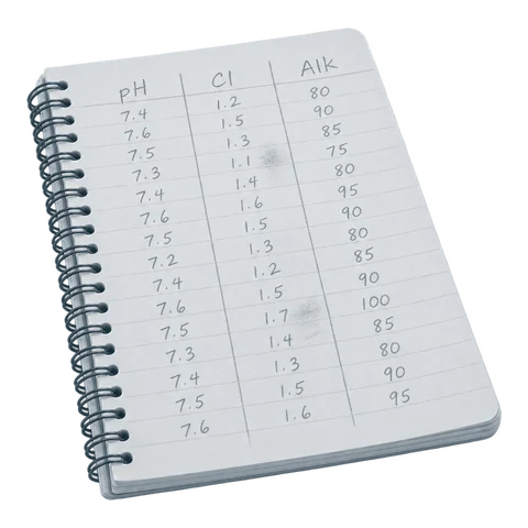 Notebook of handwritten pH, chlorine and alkalinity readings