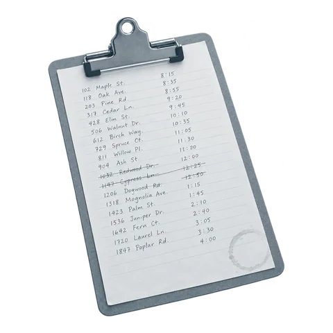 Handwritten paper route sheet on a clipboard