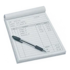 Carbon-copy invoice pad, half filled in by hand