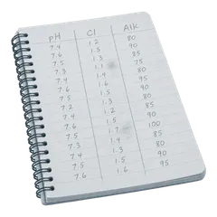 Notebook of handwritten pH, chlorine and alkalinity readings
