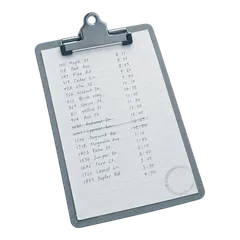 Handwritten paper route sheet on a clipboard