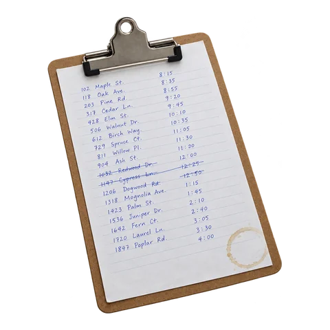 Handwritten route sheet on a clipboard